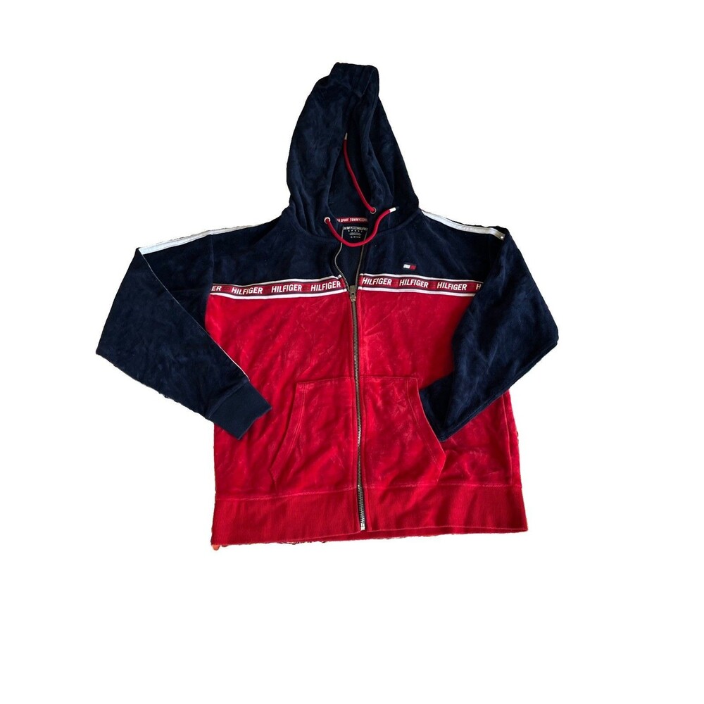 Tommy Hilfiger Velour Jacket Women's Sz S Black Zip Up Hoodie Y2K Vintage